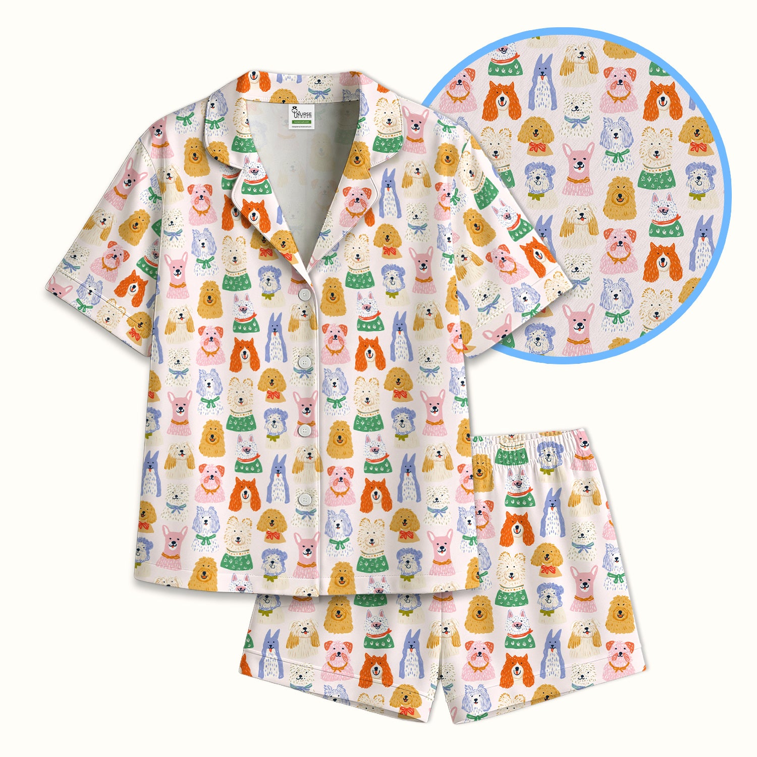 Colorful Dog Faces Cartoon Pattern Pajama Set, Soft Breathable Fabric Comfortable Sleepwear