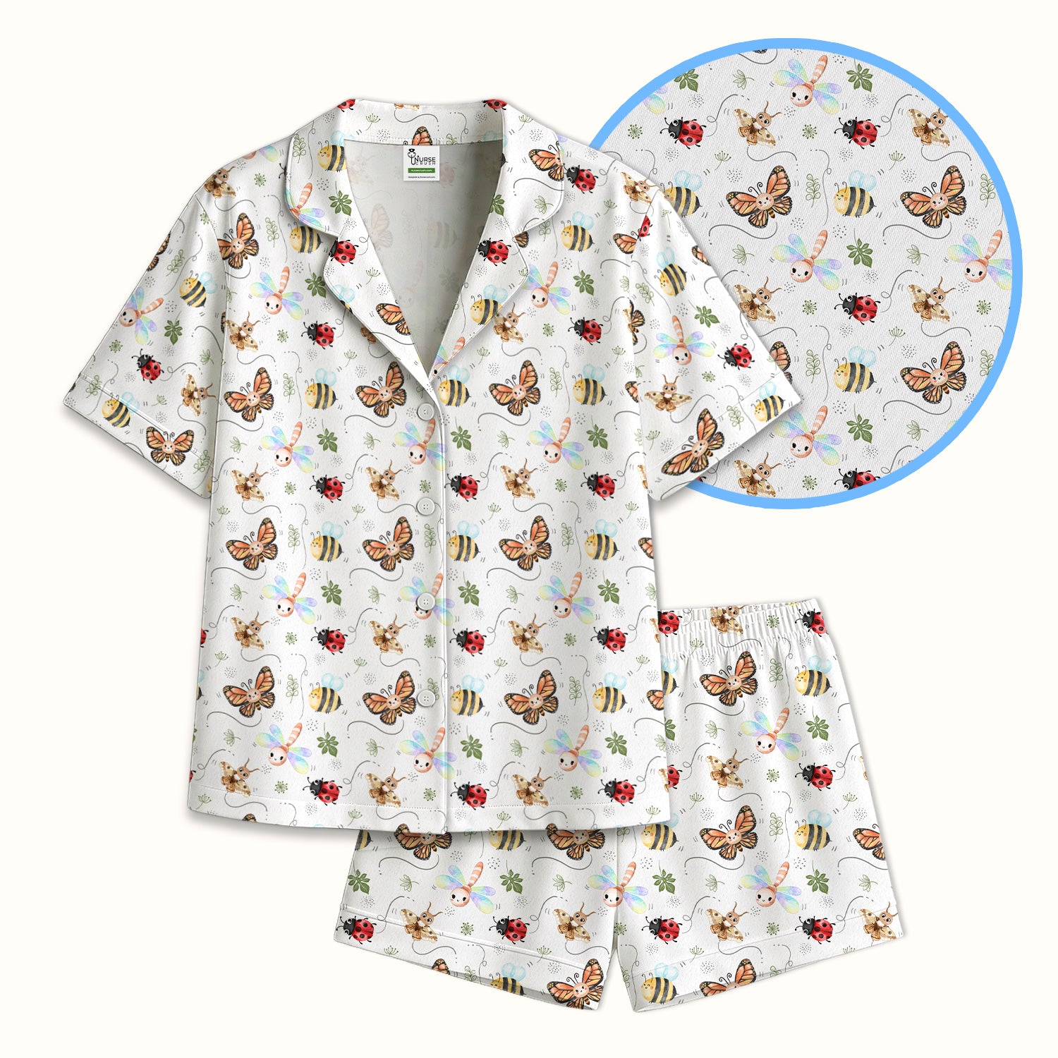 Colorful Garden Insect Pattern Pajama Set, Breathable Fabrics Uniform