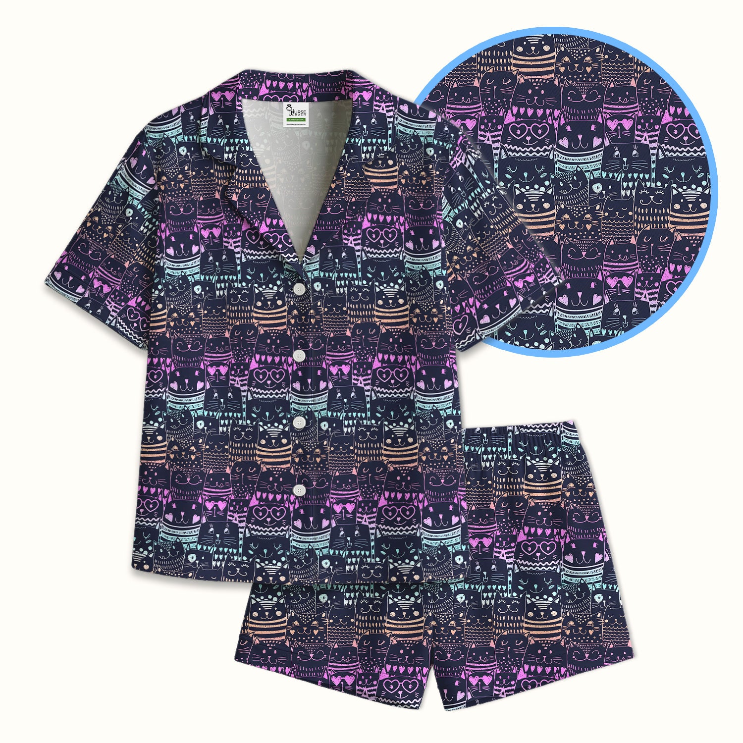 Cute Neon Cat Faces Pattern Pajama Set, Soft Breathable Fabric Comfortable Sleepwear
