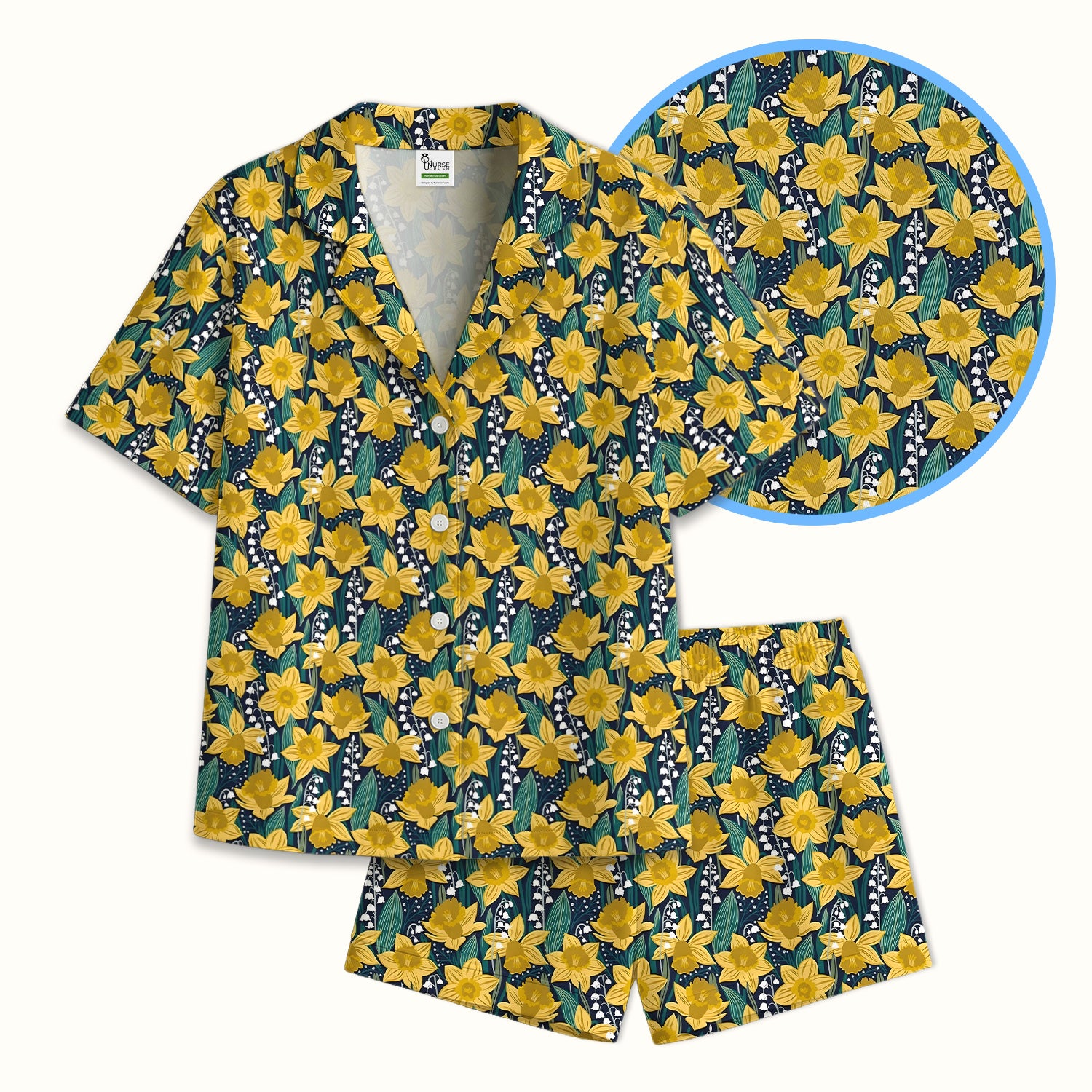 Yellow Daffodil Lily Valley Pattern Pajama Set, Soft Breathable Fabric Comfortable Sleepwear