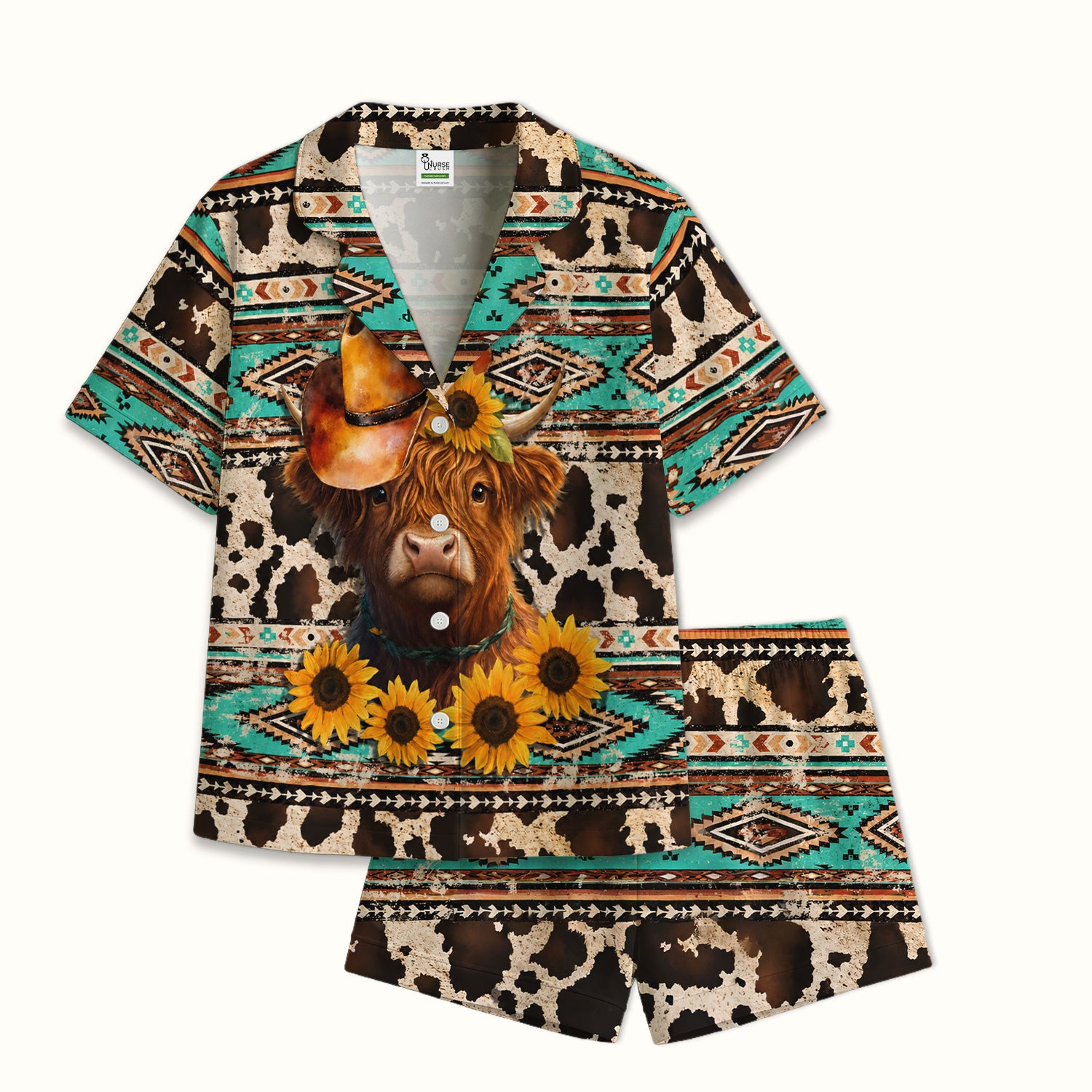 Western Highland Cow Sunflowers Print Pajama Set, Soft Breathable Fabric Comfortable Sleepwear