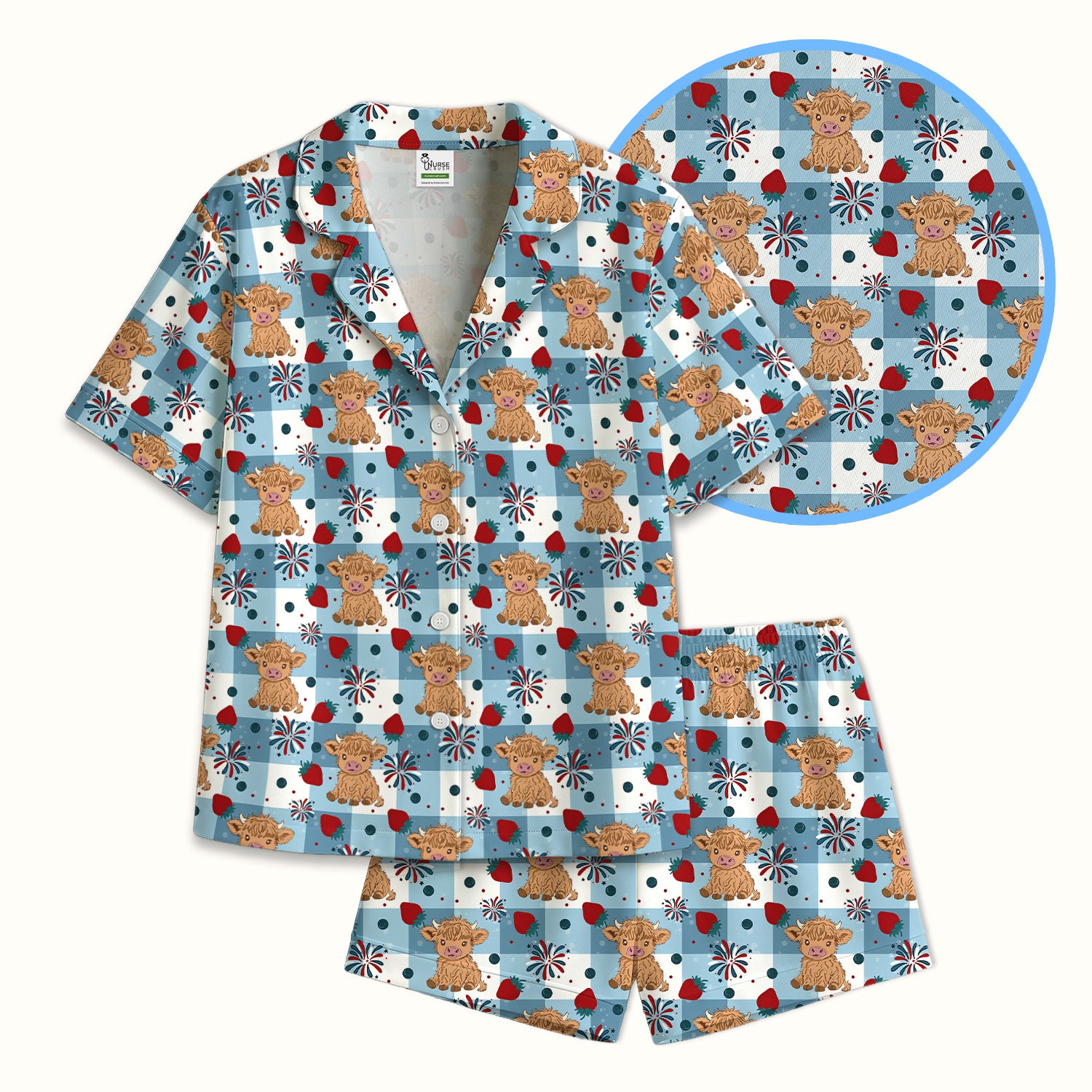 Highland Cow Strawberry Firework Gingham Pattern Pajama Set, Soft Breathable Fabric Comfortable Sleepwear