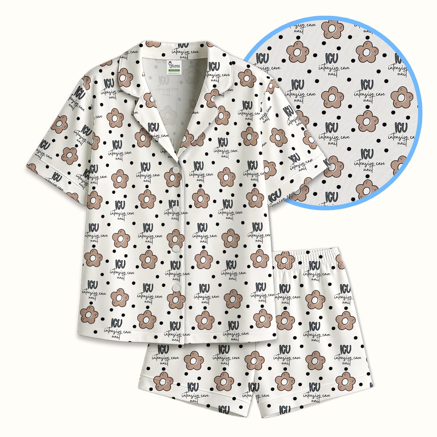 Cute ICU Nurse Flower Polka Dot Pattern Pajama Set, Soft Breathable Fabric Comfortable Sleepwear