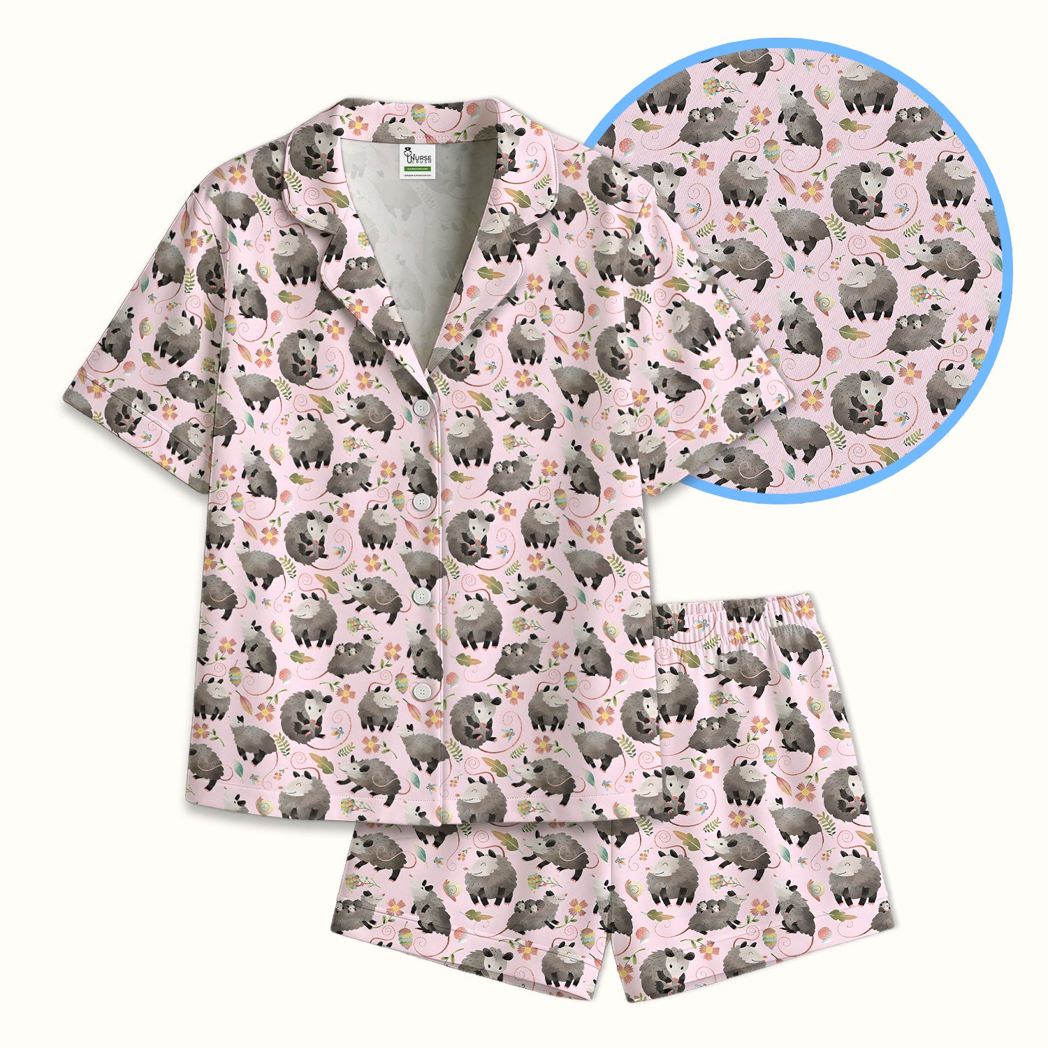 Cute Opossum Playing Flower Garden Pattern Pajama Set, Soft Breathable Fabric Comfortable Sleepwear