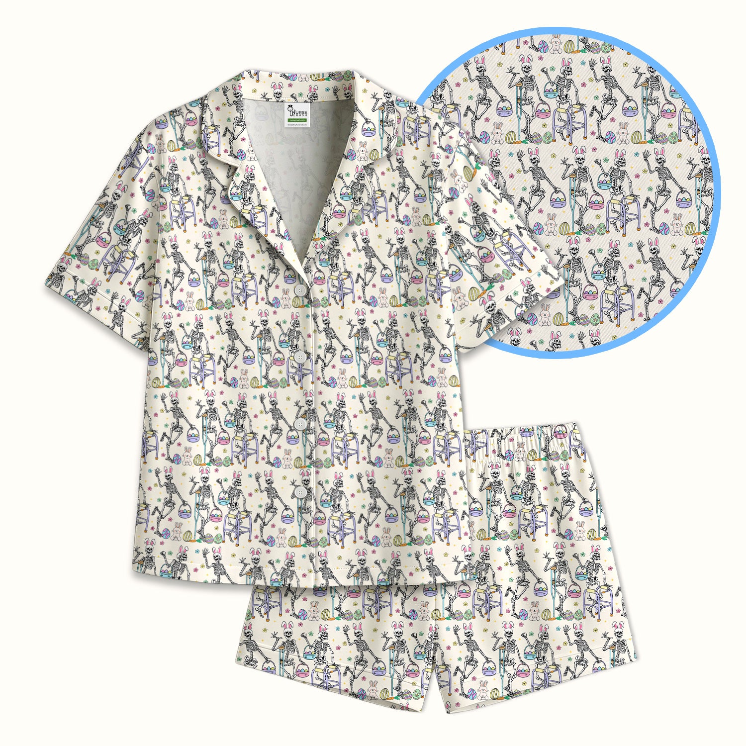 Fun Skeleton Bunny Easter Print Pajama Set, Breathable Fabrics Uniform