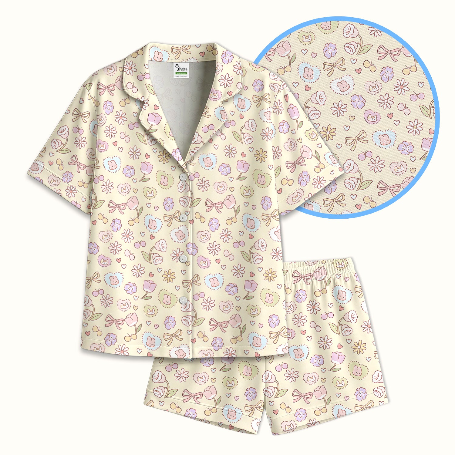 Pastel Bunny Flower Heart Pattern Nurse Pajama Set, Soft Breathable Fabric Comfortable Sleepwear