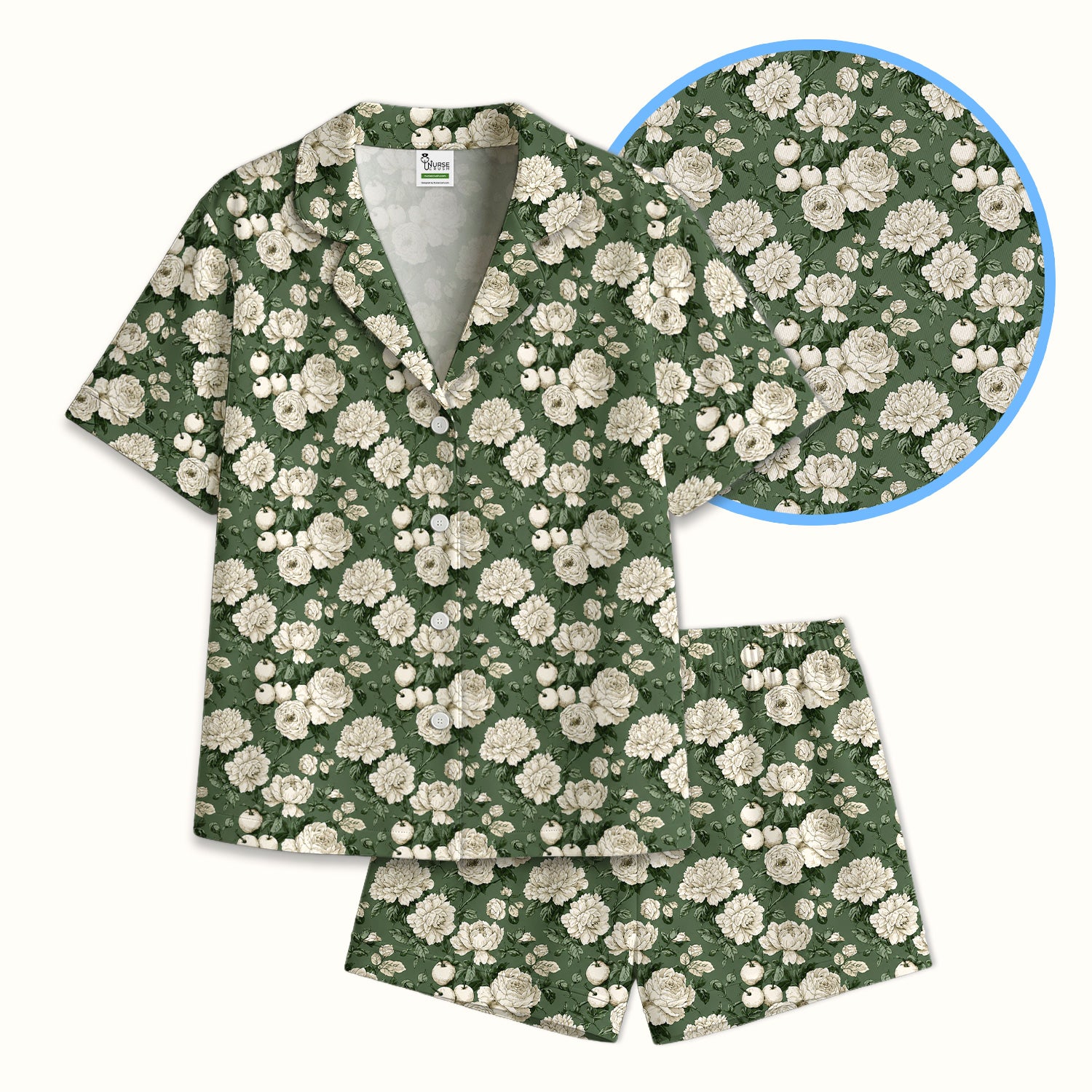 Elegant White Rose Garden Pattern Pajama Set, Soft Breathable Fabric Comfortable Sleepwear