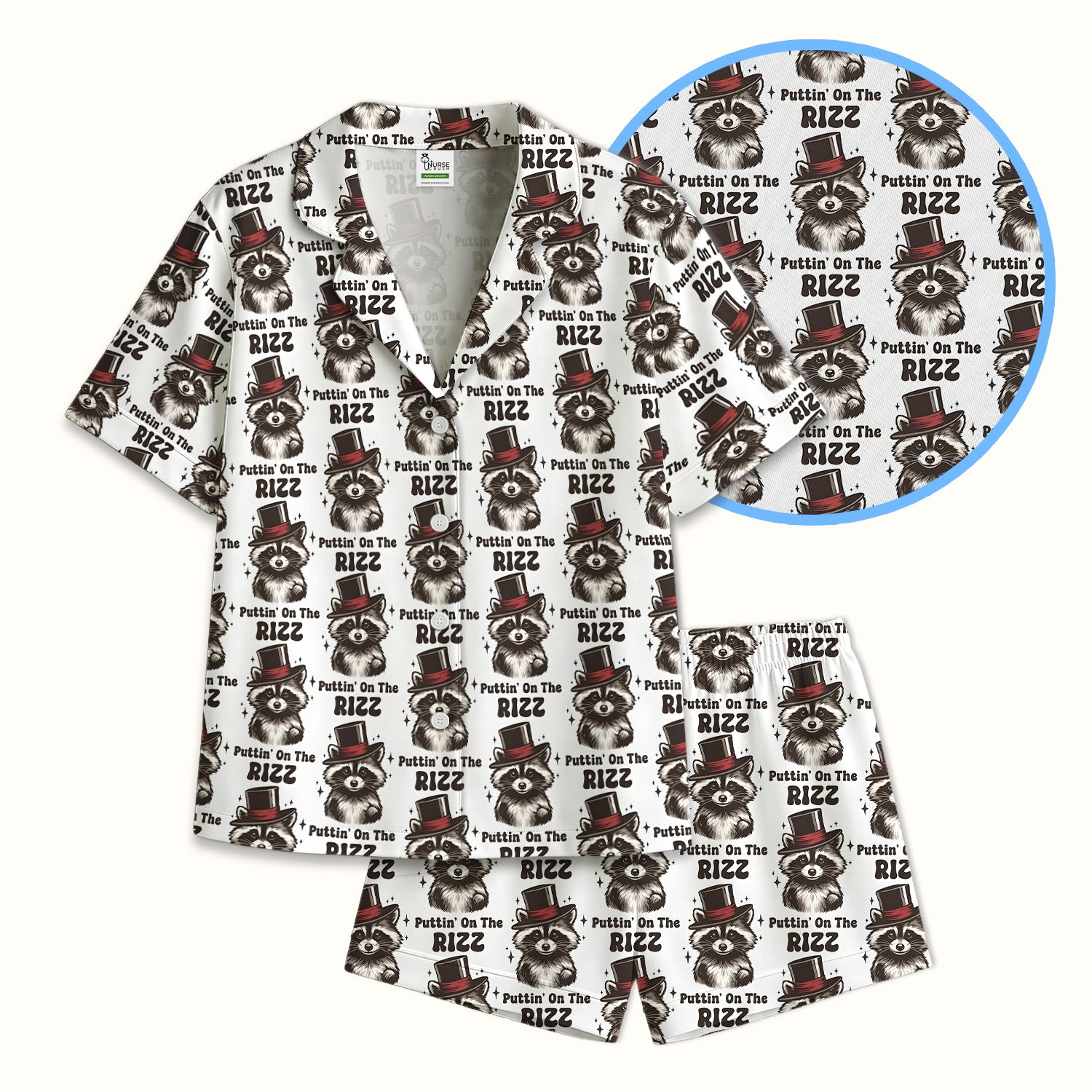 Raccoon Wearing Top Hat Puttin On The Rizz Pajama Set, Breathable Fabrics Uniform