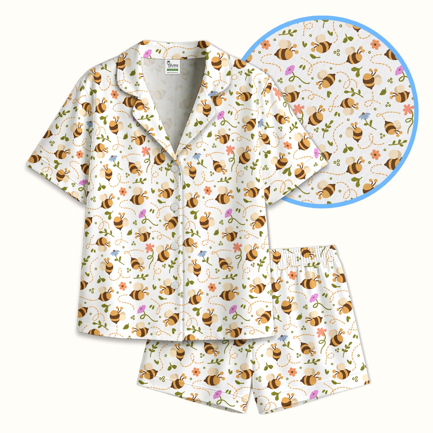 Bee Flying Floral Trail Garden Pattern Pajama Set, Breathable Fabrics Uniform