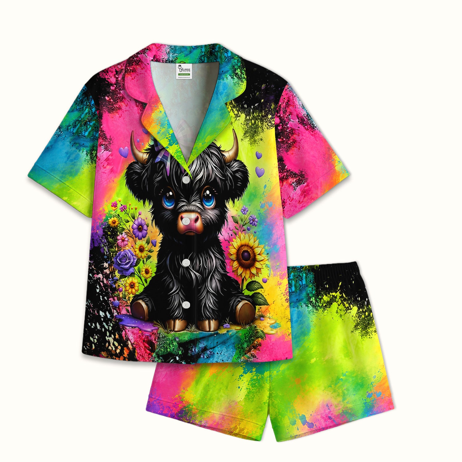 Baby Highland Cow Floral Print Pajama Set, Soft Breathable Fabric Comfortable Sleepwear