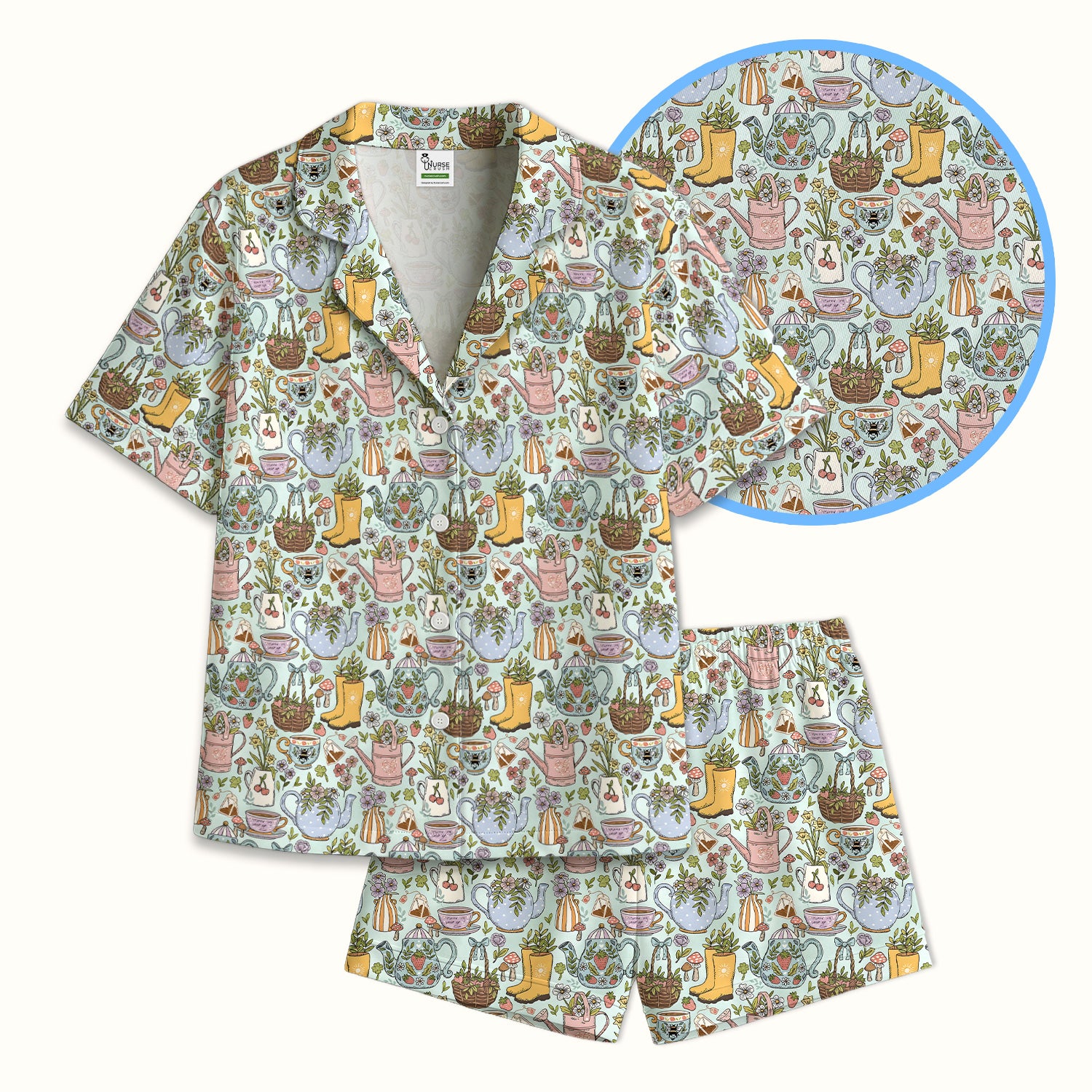 Garden Tea Party Floral Print Pajama Set, Soft Breathable Fabric Comfortable Sleepwear