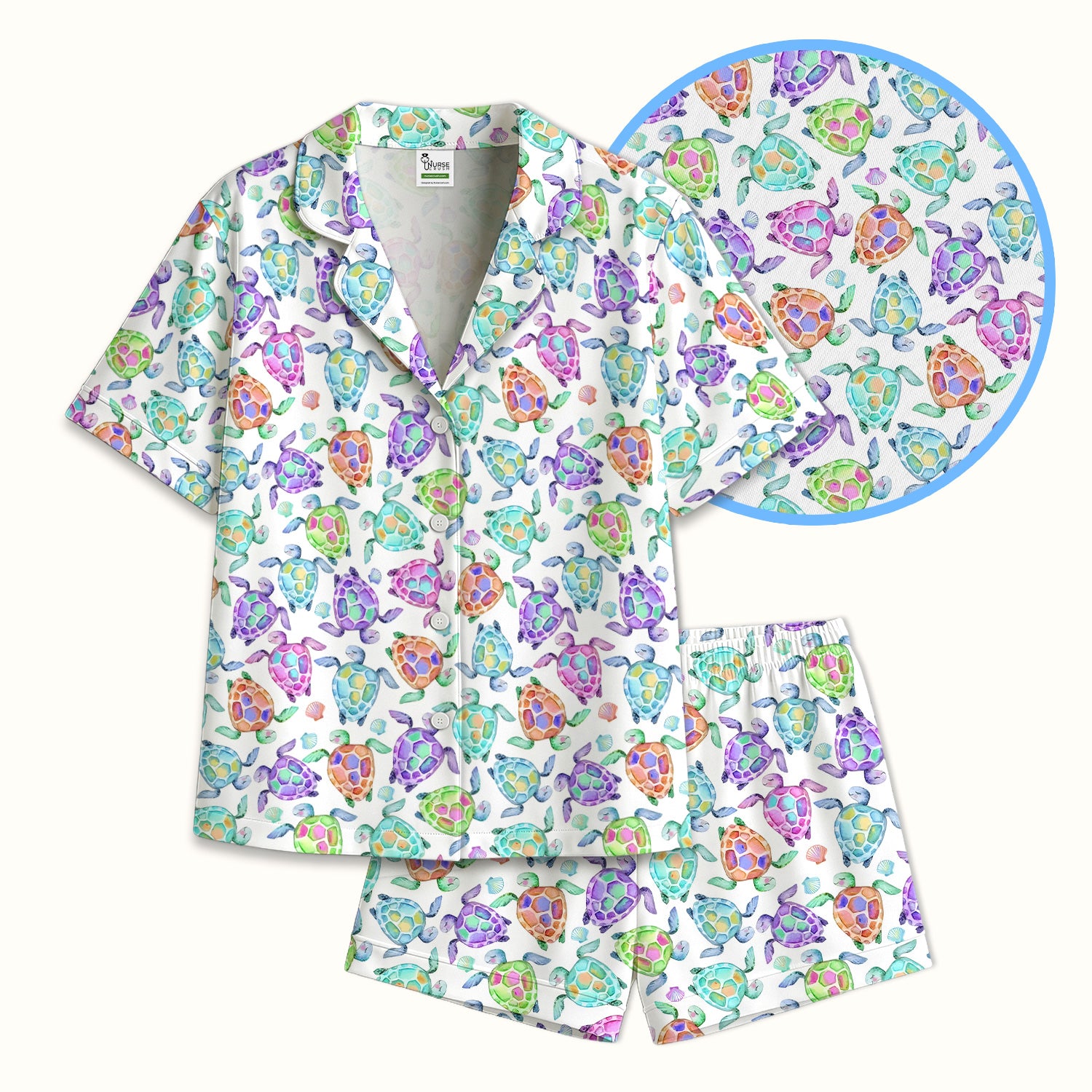 Colorful Sea Turtle Shell Pattern Pajama Set, Soft Breathable Fabric Comfortable Sleepwear