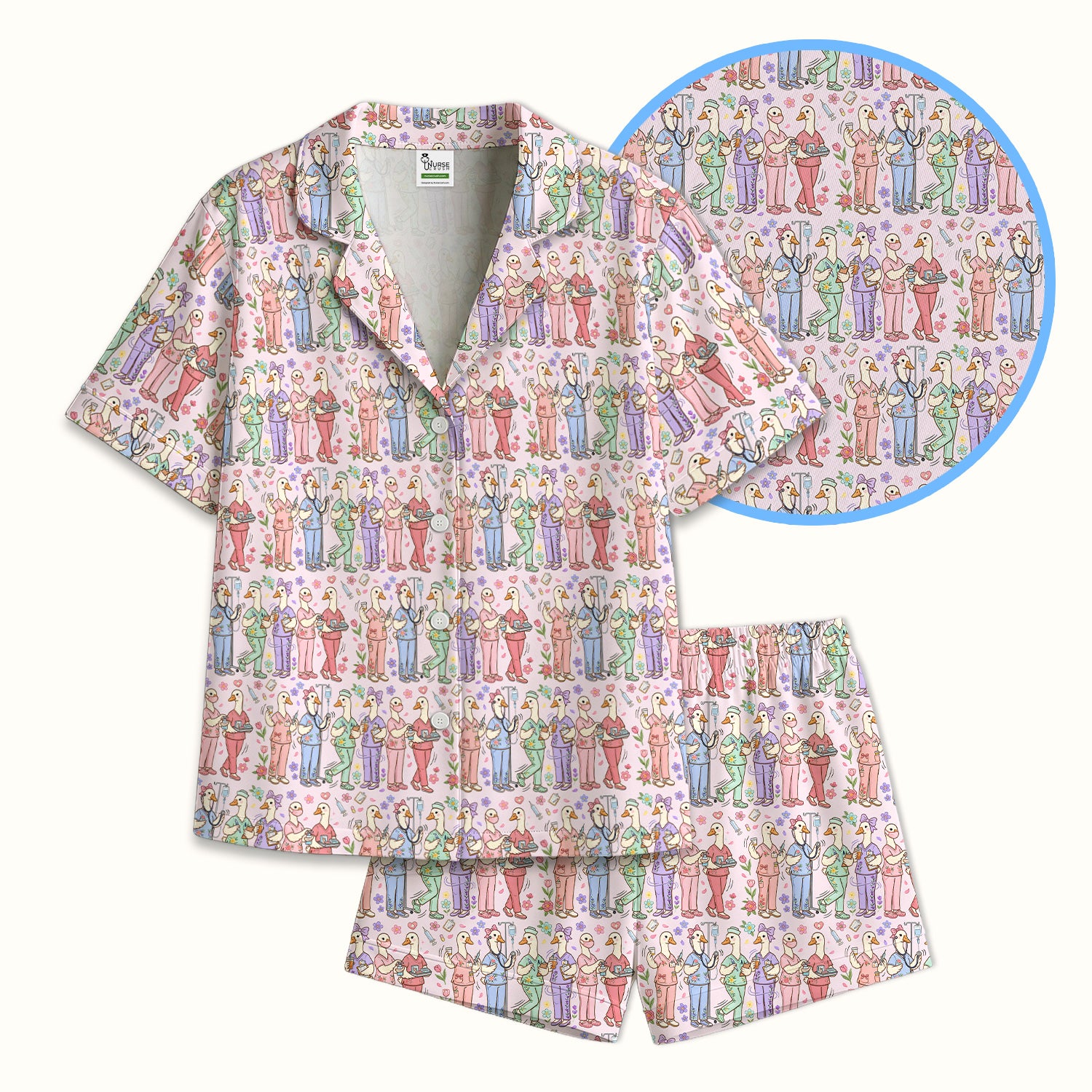Goose Characters Floral Medical Team Uniform Pattern Pajama Set, Breathable Fabrics Uniform