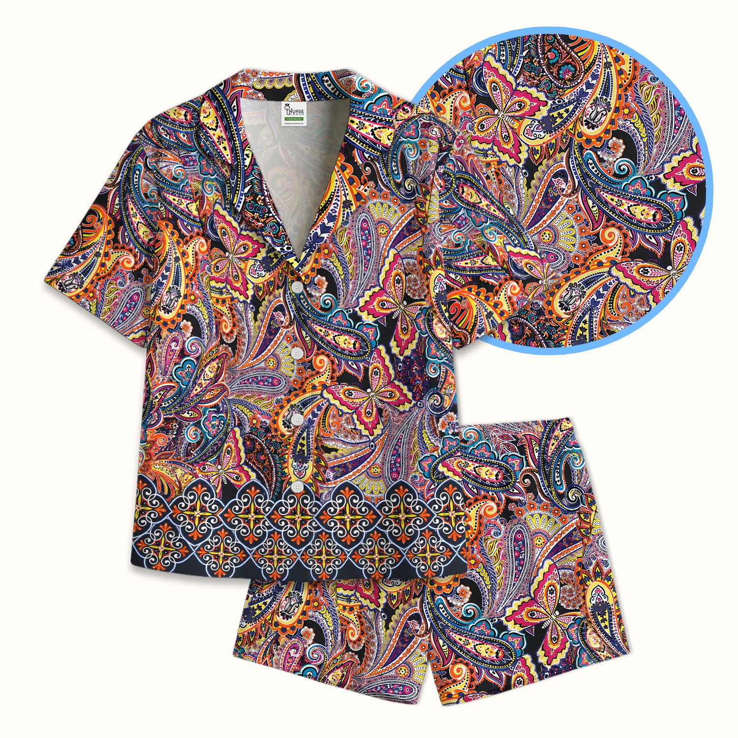 Colorful Bohemian Paisley Floral Pattern Pajama Set, Soft Breathable Fabric Comfortable Sleepwear