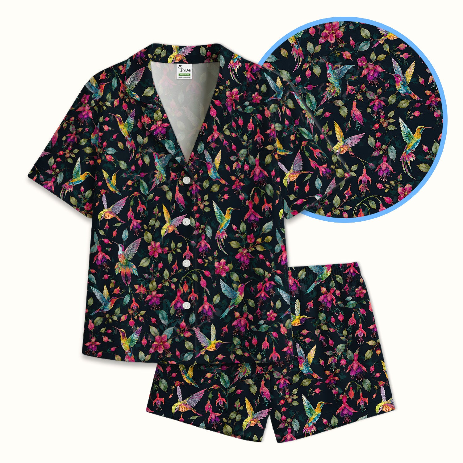 Hummingbird Fuchsia Bloom Pattern Pajama Set, Soft Breathable Fabric Comfortable Sleepwear