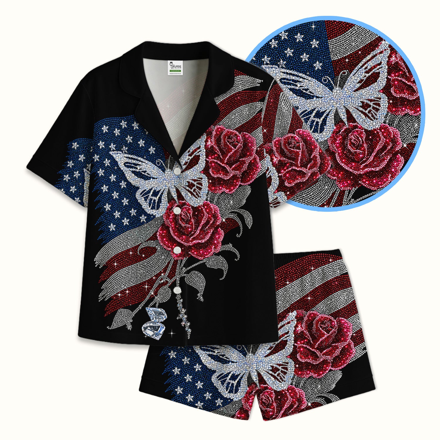 Patriotic Butterfly Rose Flag Print Pajama Set, Soft Breathable Fabric Comfortable Sleepwear
