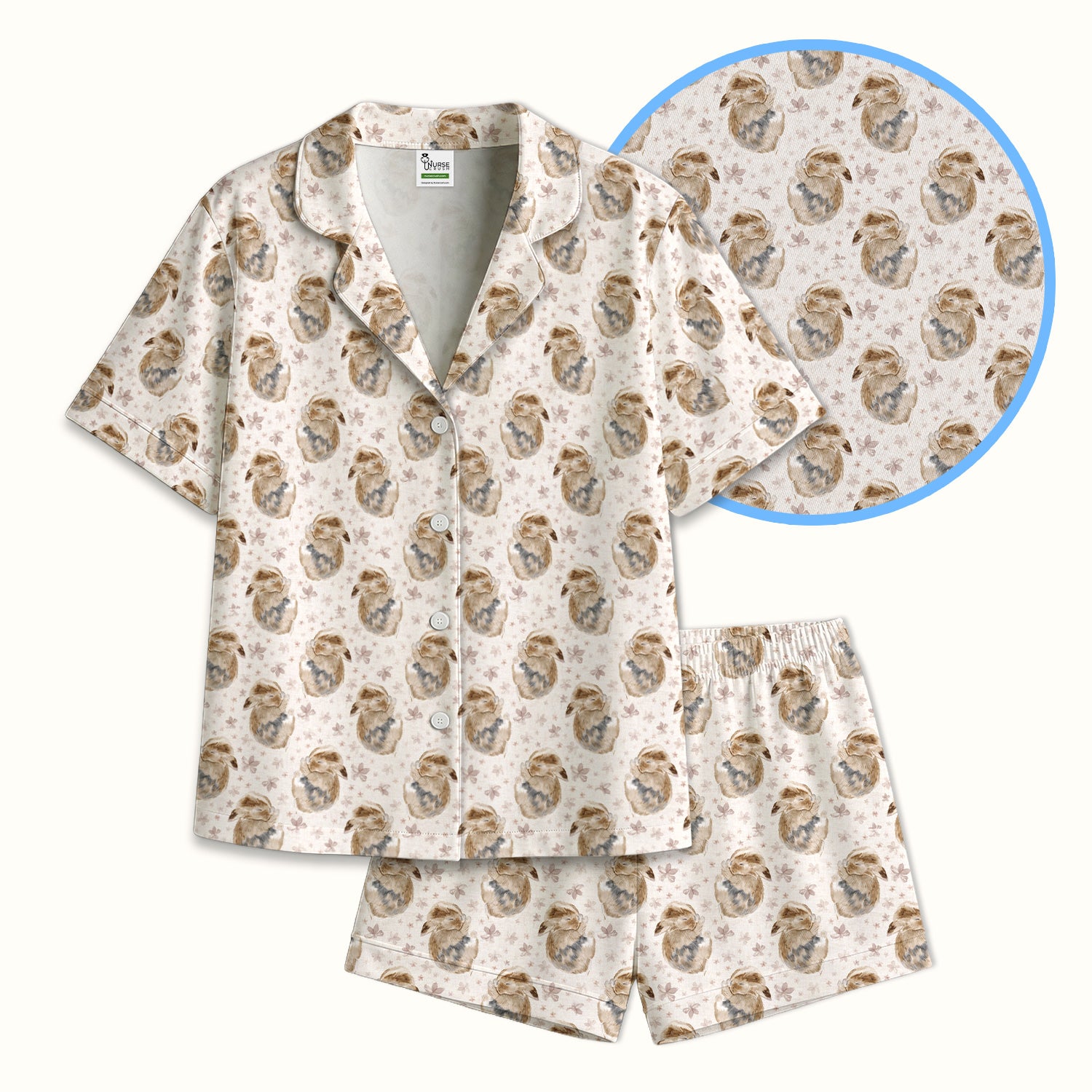Cute Sleeping Bunny Floral Meadow Pattern Nurse Pajama Set, Soft Breathable Fabric Comfortable Sleepwear