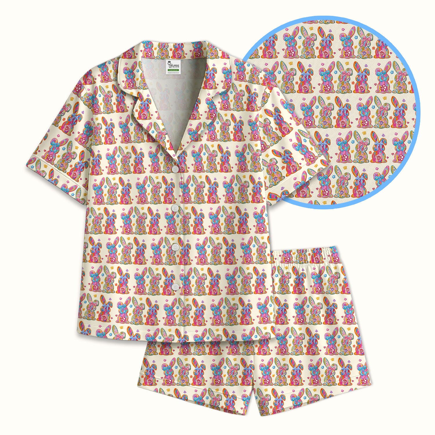 Cute Pastel Bunny Floral Pattern Pajama Set, Breathable Fabrics Uniform