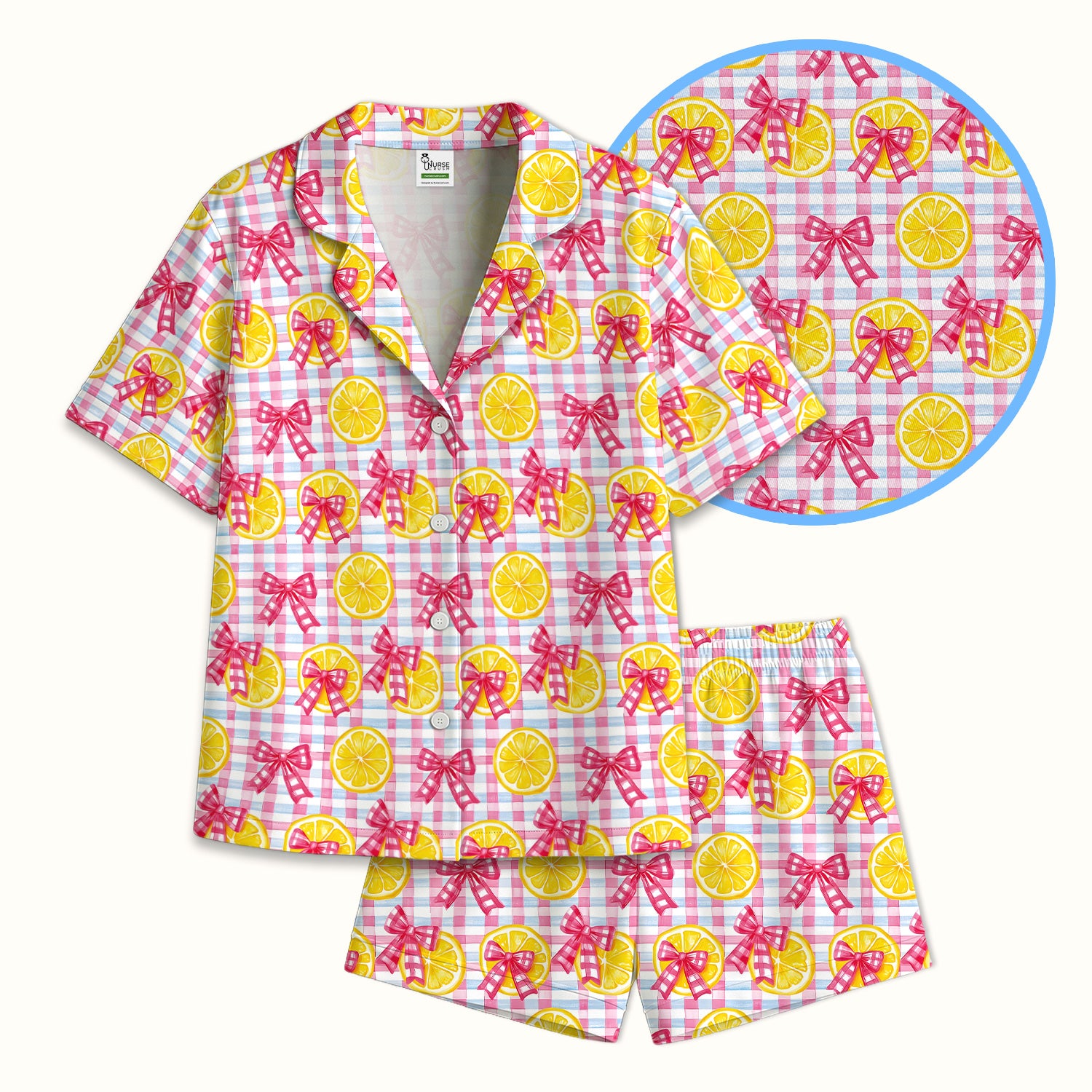 Cute Lemon Slice Pink Bow Gingham Pattern Pajama Set, Soft Breathable Fabric Comfortable Sleepwear