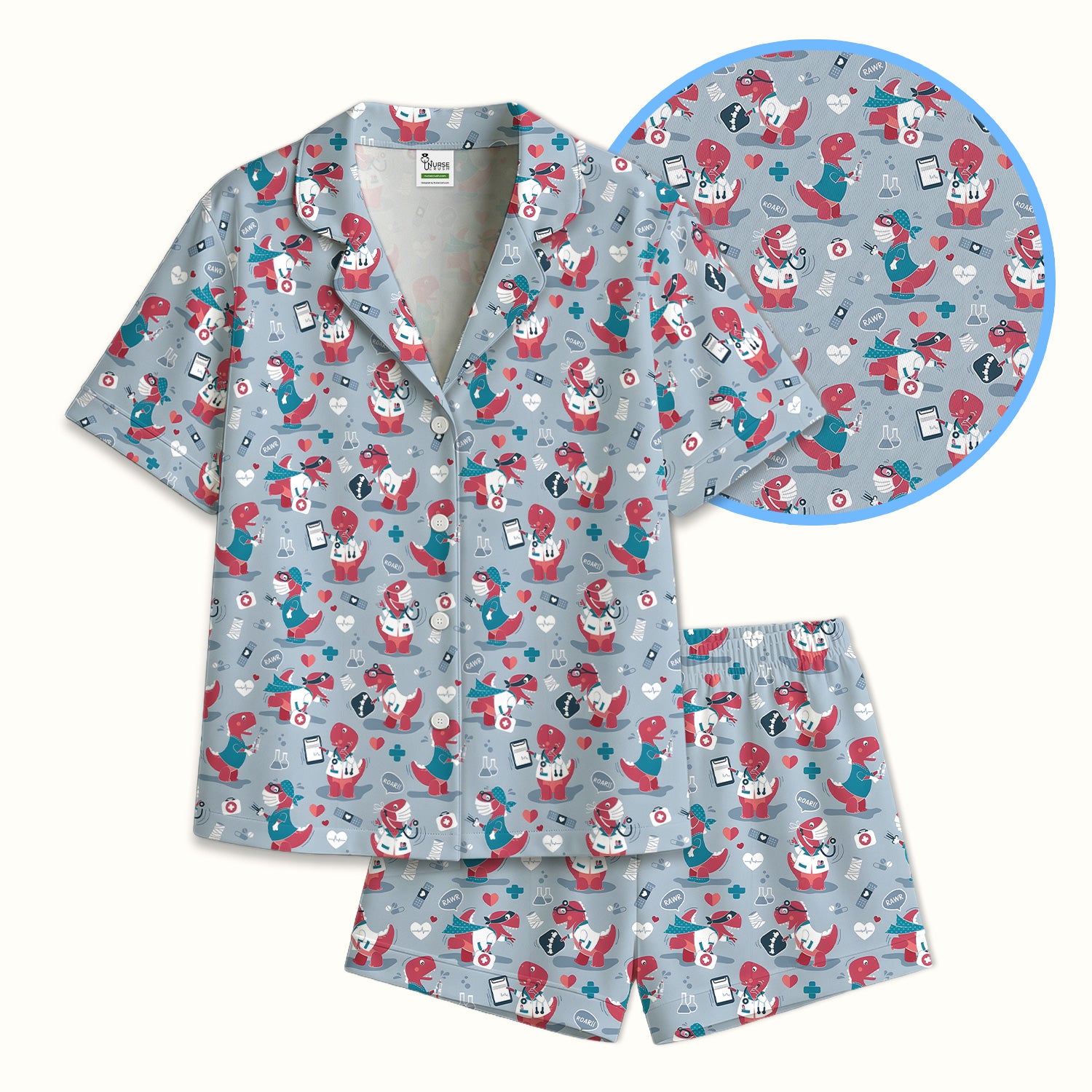 Cute Dinosaur Doctor Medical Pattern Pajama Set, Breathable Fabrics Uniform