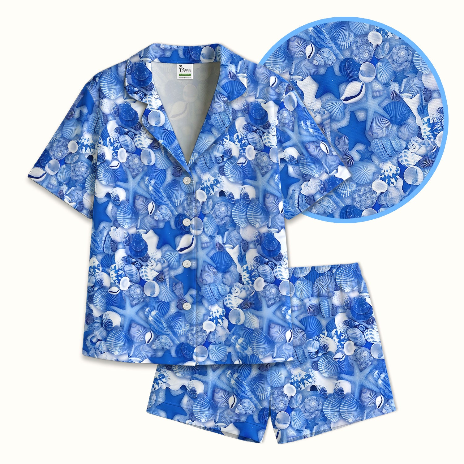 Blue Seashell Starfish Ocean Pattern Pajama Set, Soft Breathable Fabric Comfortable Sleepwear