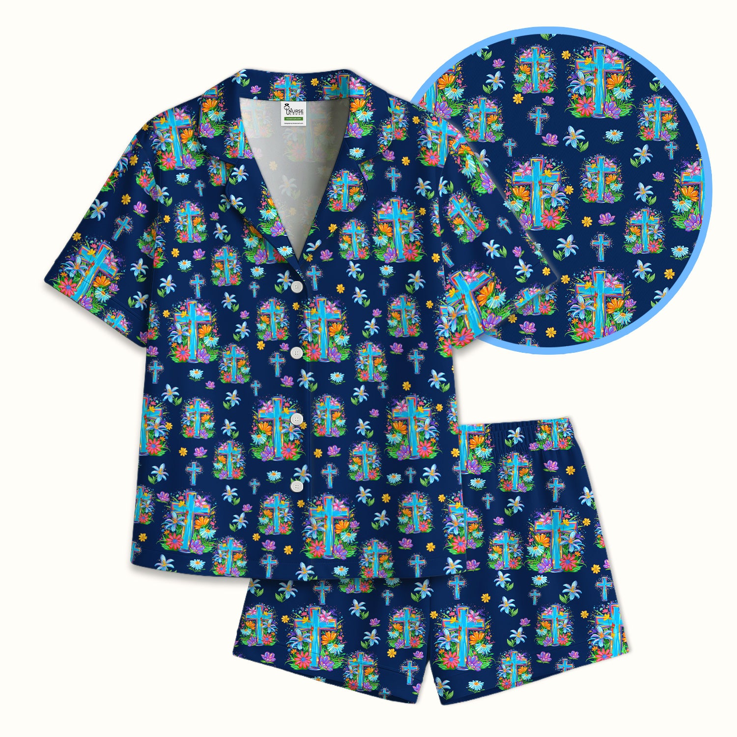 Christian Floral Cross Spring Pattern Pajama Set, Breathable Fabrics Uniform