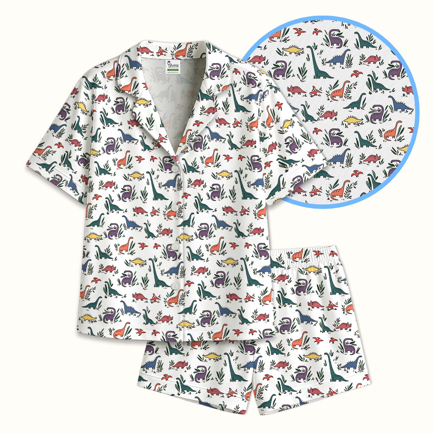 Cute Dinosaur Leafy Garden Pattern Pajama Set, Soft Breathable Fabric Comfortable Sleepwear