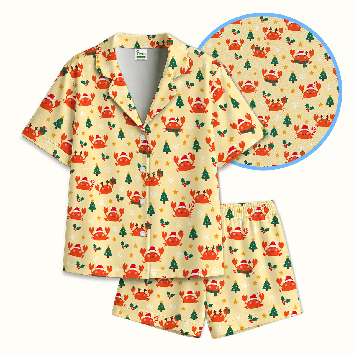 Christmas Crabs And Trees Pattern Pajama Set, Soft Breathable Fabric Comfortable Sleepwear