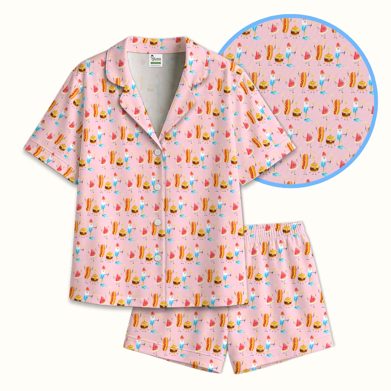 Funny Summer Food Icons Pattern Scrub Set, Breathable Fabrics Nursing Uniform