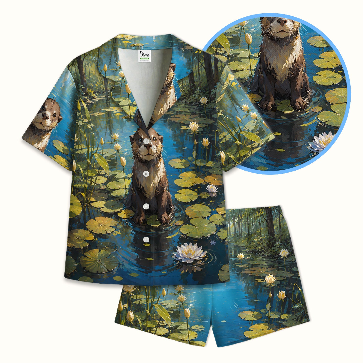 Cute Otter Pond Pattern Pajama Set, Soft Breathable Fabric Comfortable Sleepwear