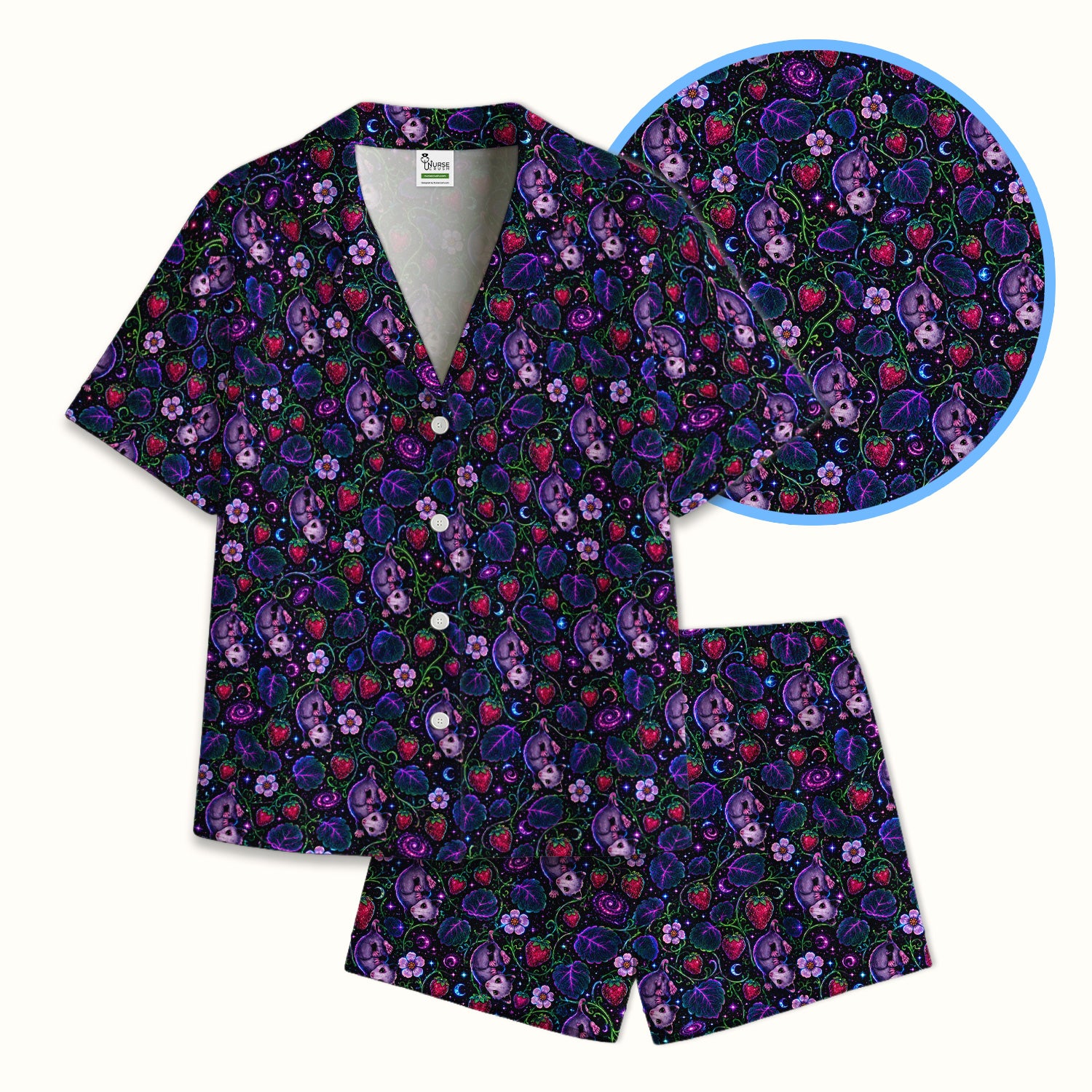 Galaxy Strawberry Opossum Pattern Pajama Set, Soft Breathable Fabric Comfortable Sleepwear