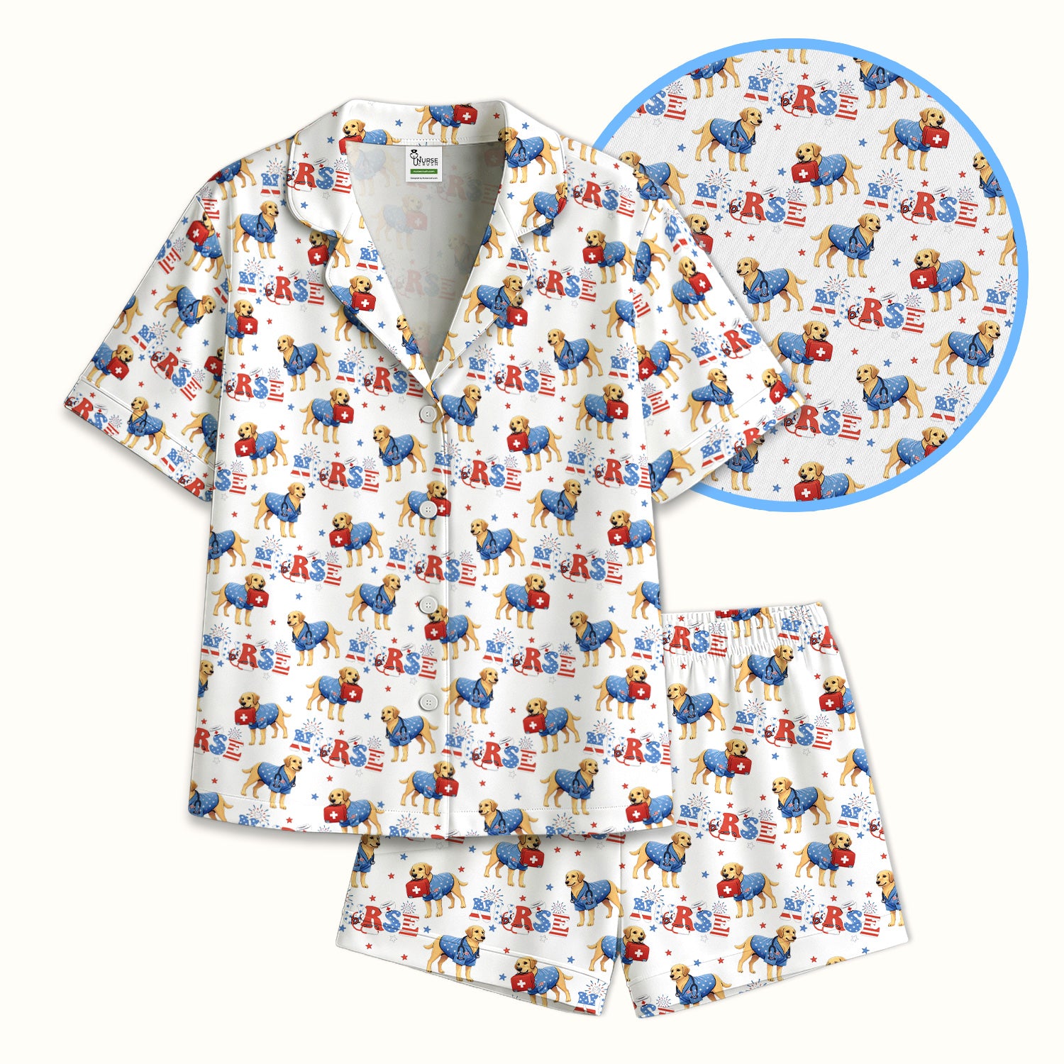 Patriotic Nurse Dog Medical Pattern Pajama Set, Breathable Fabrics Uniform