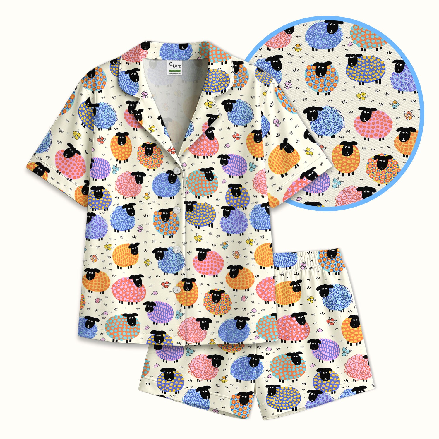 Funny Colorful Sheep Pattern Pajama Set, Breathable Fabrics Uniform
