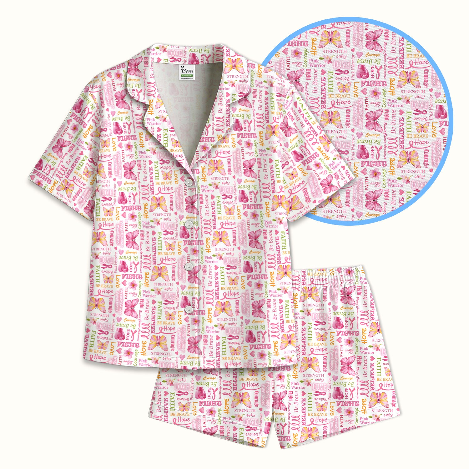Pink Ribbon Butterfly Print Pajama Set, Soft Breathable Fabric Comfortable Sleepwear