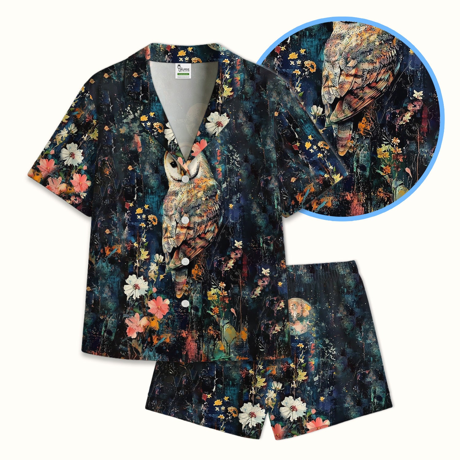 Moonlit Barn Owl Floral Pattern Pajama Set, Soft Breathable Fabric Comfortable Sleepwear