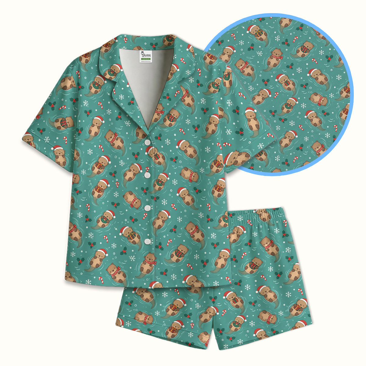 Christmas Sea Otters And Gifts Pajama Set, Soft Breathable Fabric Comfortable Sleepwear
