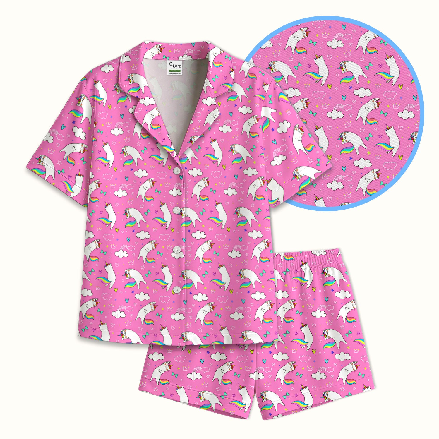 Unicorn Cat With Rainbow Tail Clouds Pajama Set, Soft Breathable Fabric Comfortable Sleepwear