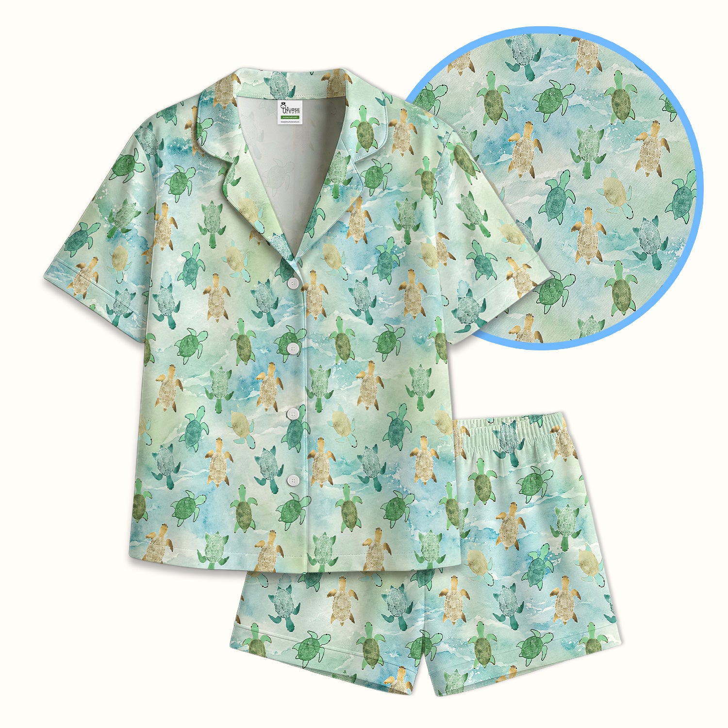 Watercolor Sea Turtle Pattern Pajama Set, Soft Breathable Fabric Comfortable Sleepwear