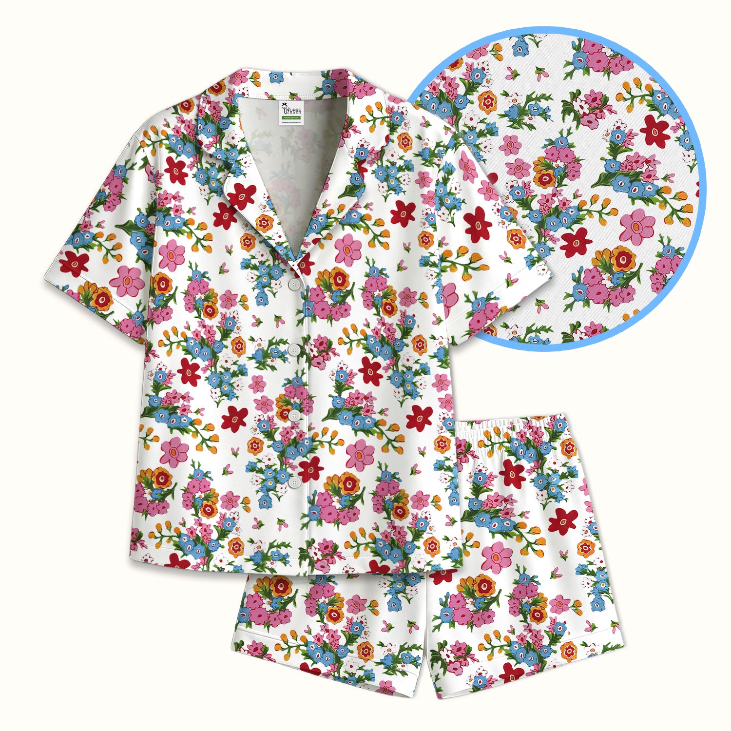 Charming Vintage Floral Bouquet Pattern Pajama Set, Breathable Fabrics Uniform