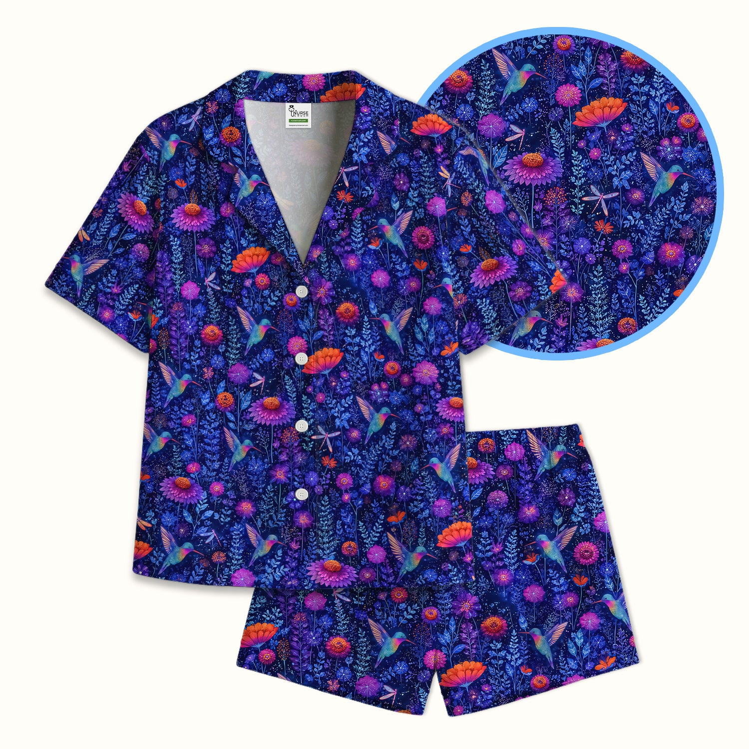 Enchanted Hummingbird Wildflower Garden Pattern Pajama Set, Soft Breathable Fabric Comfortable Sleepwear