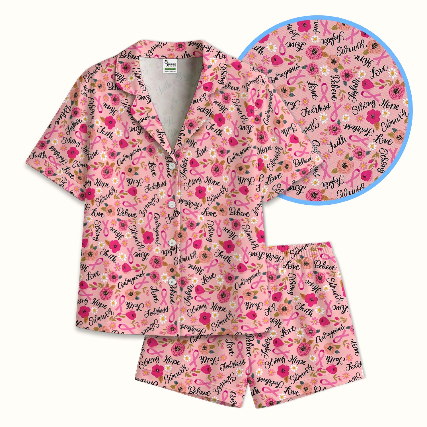 Breast Cancer Awareness Oncology with Pink Ribbon Floral Pattern Pajama Set, Soft Breathable Fabric Comfortable Sleepwear