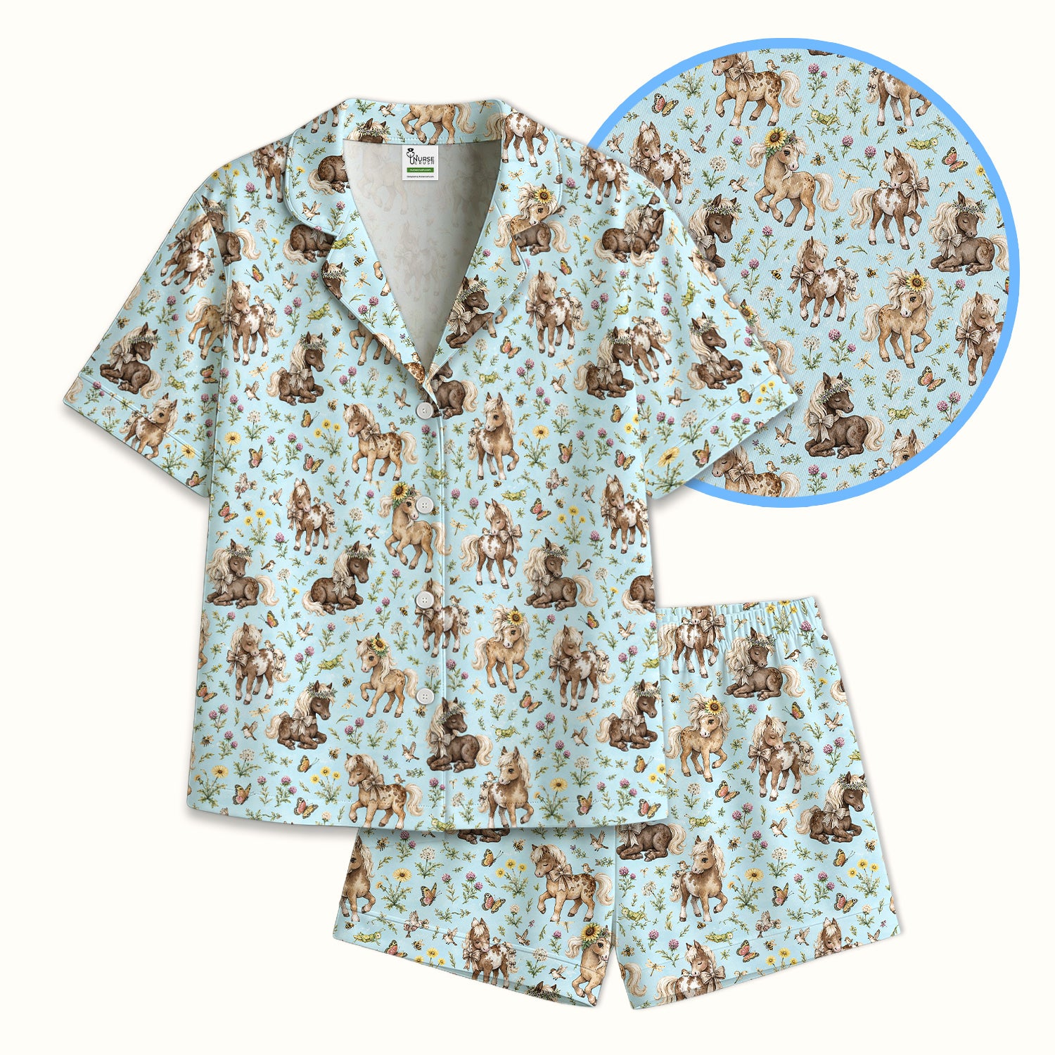 Cute Pony Garden with Butterfly Floral Meadow Print Pajama Set, Soft Breathable Fabric Comfortable Sleepwear