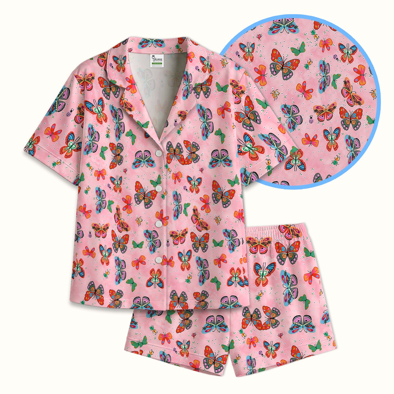 Colorful Butterfly Garden Pattern Pajama Set, Soft Breathable Fabric Comfortable Sleepwear