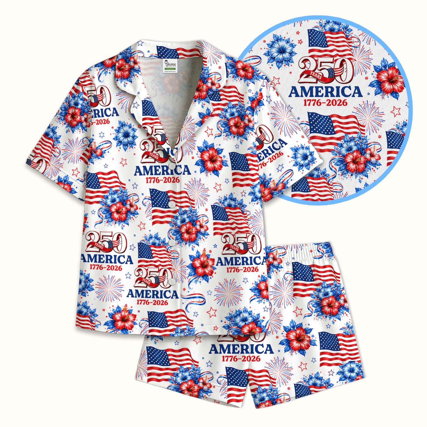 America 250 with Flag Firework Pattern Pajama Set, Soft Breathable Fabric Comfortable Sleepwear