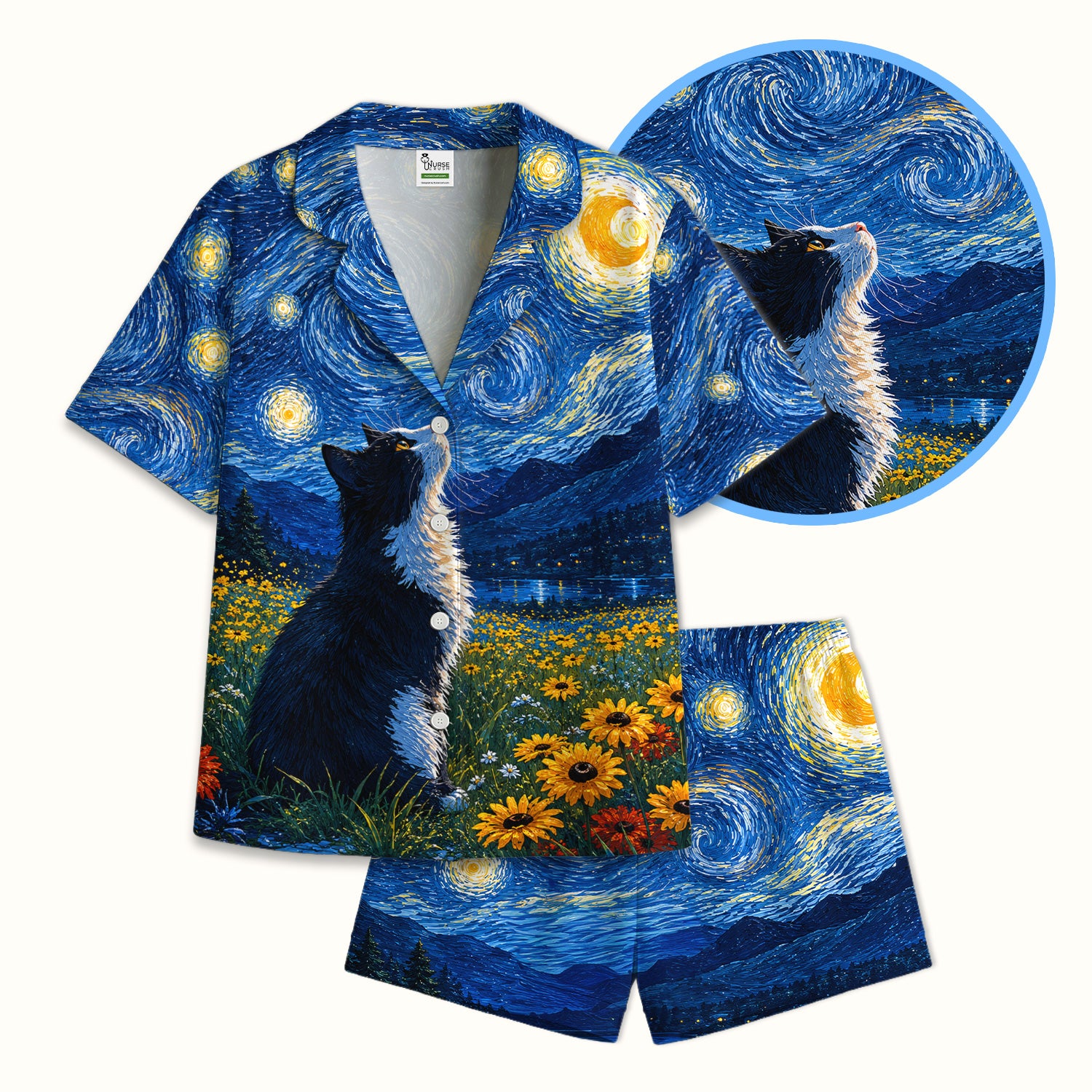 Starry Cat Night Veterinary Nurse Pattern Pajama Set, Soft Breathable Fabric Comfortable Sleepwear