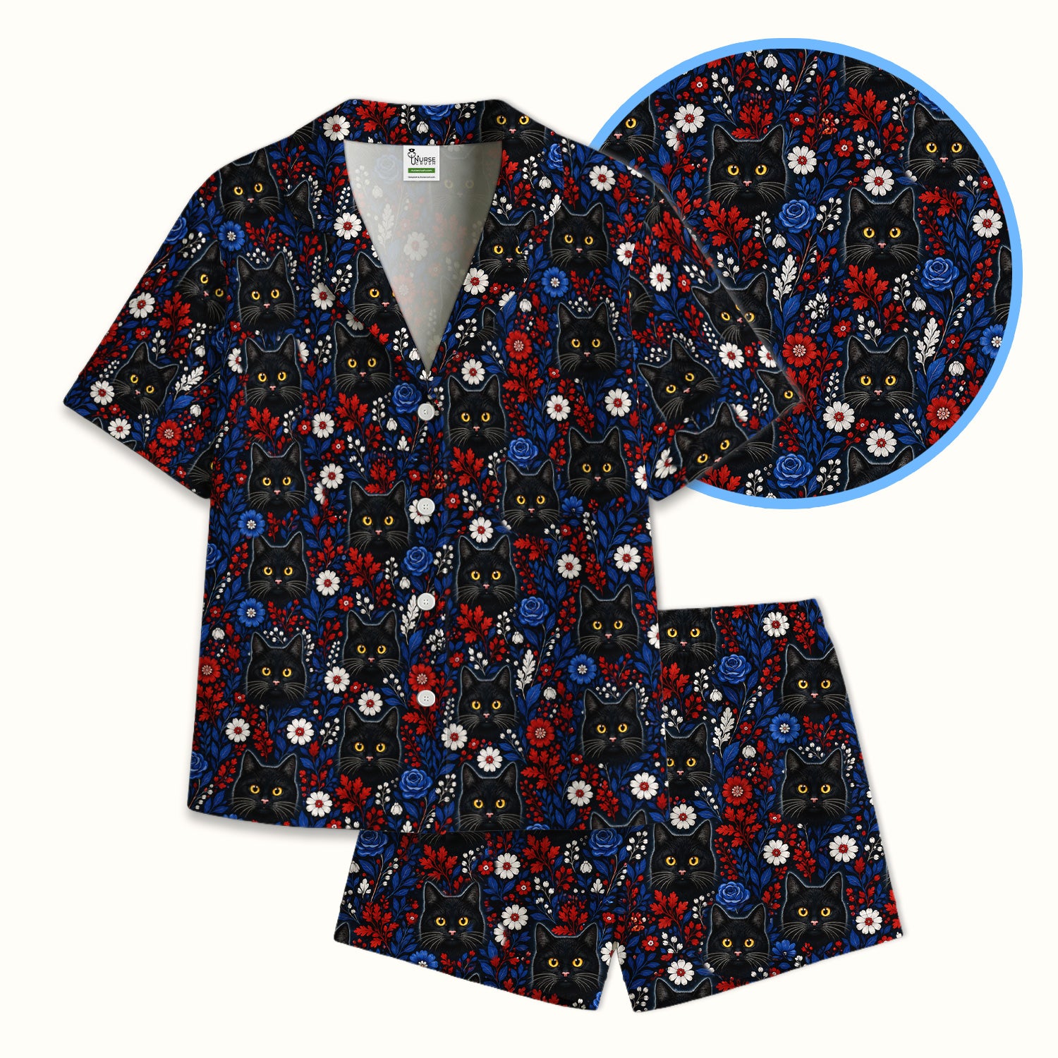 Black Cat Floral Nurse Pattern Pajama Set, Soft Breathable Fabric Comfortable Sleepwear