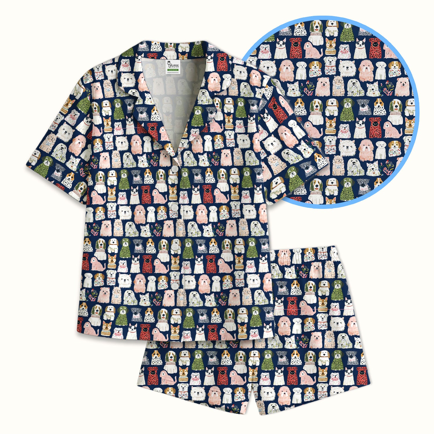 Cute Cartoon Dog Breeds Pattern Pajama Set, Breathable Fabrics Uniform