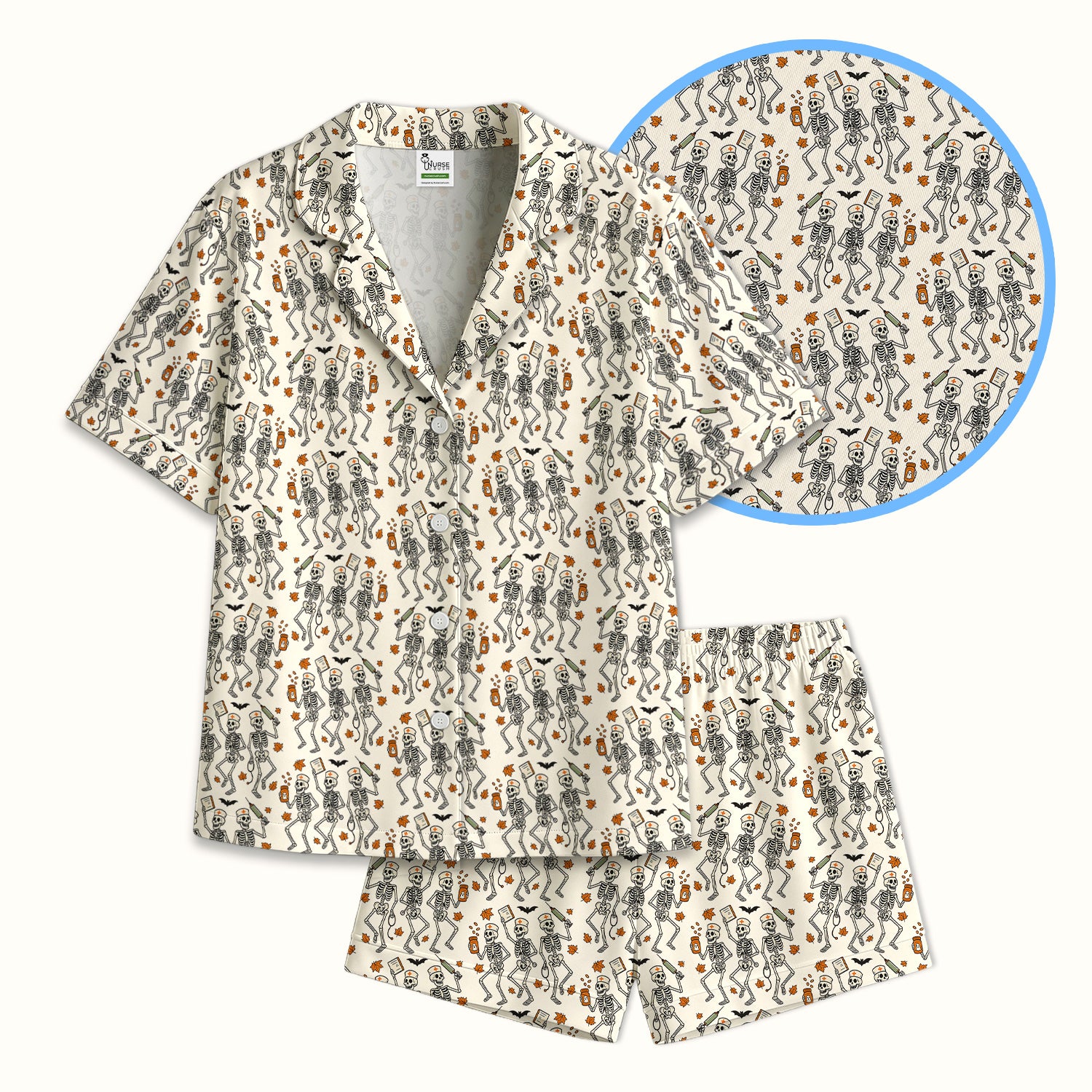 Funny Halloween Skeleton Pattern Pajama Set, Soft Breathable Fabric Comfortable Sleepwear