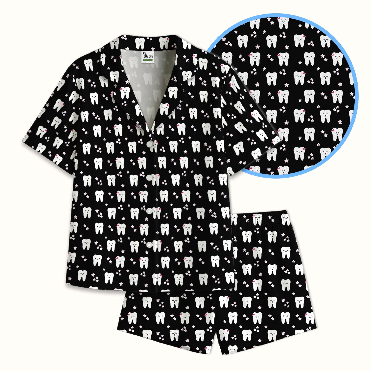 Cute Smiling Tooth And Flowers Pajama Set, Soft Breathable Fabric Comfortable Sleepwear