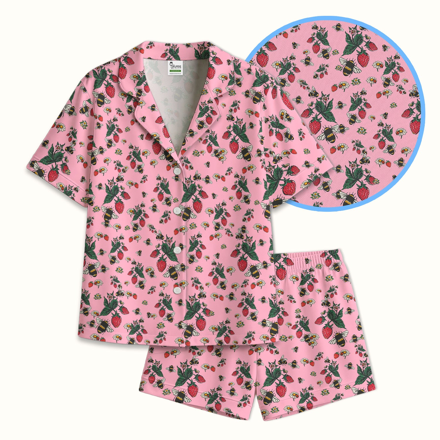 Cute Strawberry Bee Daisy Floral Pattern Pajama Set, Breathable Fabrics Uniform